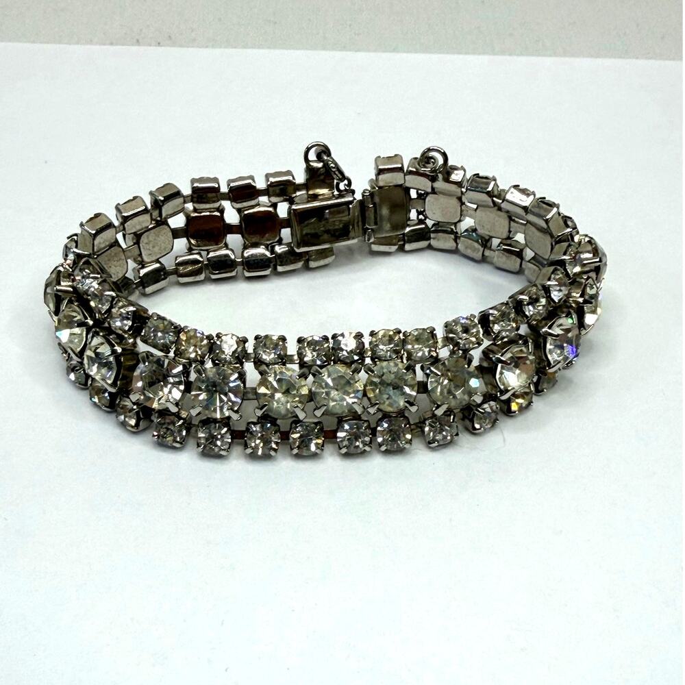 Weiss Vintage 3 Row Rhinestone Bracelet Ice Clear Rhinestones Safety Chain